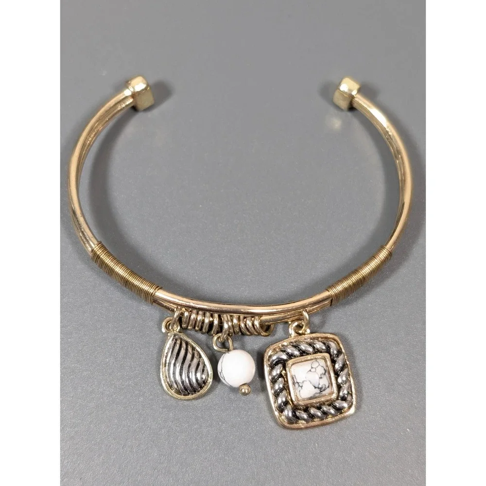 Two Tone Cable Cuff Bracelet Gold Silver Square‎ Charm Small 6 in Minimalist